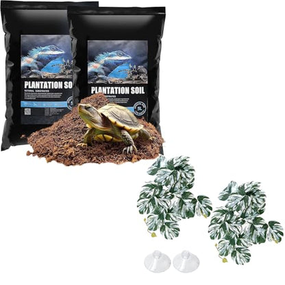 VCEPJH Loose Coconut Fiber Substrate 2 Pack Natural Coco Coir Reptile Bedding and 2 Pcs Reptile Plants with Suction Cup Amphibian Habitat Decor Artificial Leaves for Bearded Dragon, Lizard, Snake