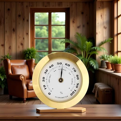 Gold Upgraded Hygrometer Humidity Meter Mini 38mm Round Glass Analog Hygrometer Suitable for Humidors Guitar Violin Thermometer for with Probe