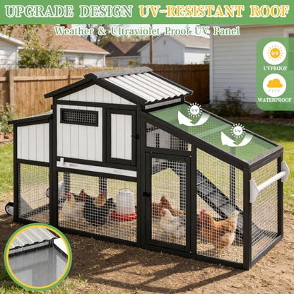 Chicken Coop and Run with Wheels, Portable Two Story Rabbit Hutch Indoor Outdoor, Wooden Hen House with Nesting Box, Ramp & Deep No Leak Pull Out Tray for Chick, Rabbit