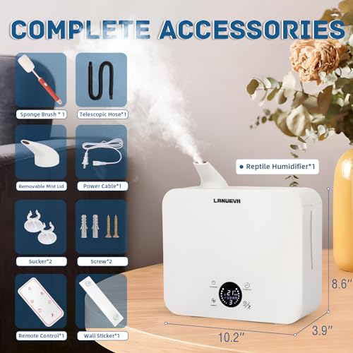 LANUEVA Reptile Humidifier, Quiet Reptile Fogger for Terrariums with Telescopic Hose & 2.5L Tank, Remote Control & Touch Screen, Timing Function, for Reptiles, Green Plants, Home Use