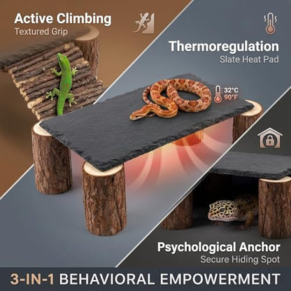 Bearded Dragon Basking Platform Natural Slate Rock with Wood Log Legs & Branch Ramp, Reptile Hide Basking Spot Tank Decor, Suitable for Leopard Gecko, Tortoise, Ball Python Small Black