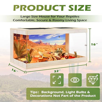 Royxen Bearded Dragon Tank, 34 Gallons Tempered Glass Reptile Terrarium with Metal Mesh Top, 3-Side Clear Anti-Scratch Glass Lizard Tank for Reptile Habitat (Oak, 32" Length) - color: Oak, size: 34Gal,32x16x16inch