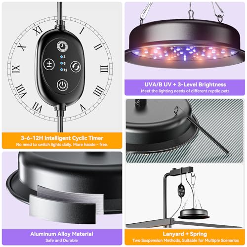 UVB Light for Reptiles, TFNN Reptile Light Fixture with 3-6-12 Cycle Timer & 3 Brightness, Full Spectrum UVA UVB Lamp for Turtles Bearded Dragon Snake (18W)