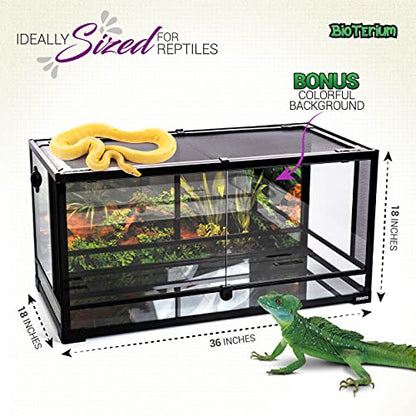 Reptile Tank - 90x45x45 cm, 190 L (50 Gal) Glass Reptile Terrarium with Background - Ideal for Snakes, Lizards, Geckos