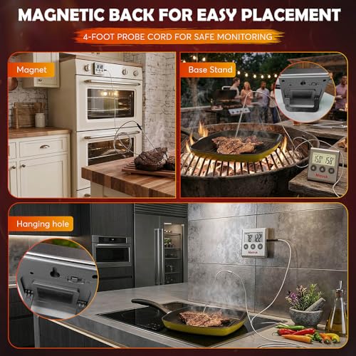 Digital Thermometer for Cooking with Stainless Steel Probe & Timer Alert – Accurate Temperature Control for Grill, Oven & BBQ – Digital Meat Thermometer Instant Read