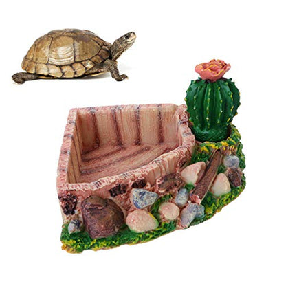 Reptile Resin Corner Water Dish - Reptile Corner Bowl for Tortoise Lizard Bearded Leopard Gecko Snake Chameleon - Cactus