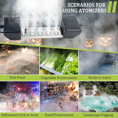 10 Head Ultrasonic Mist Maker Fogger Machine (7000ml/H), Industrial Humidifier Fog Machine 110V 350W, Ultrasonic Mister with Floats for Halloween Atmosphere Vegetable Preservation Landscape - size: 10 Head
