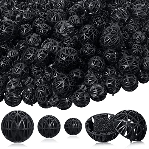 200 Pcs Bio Balls Pond Filter Media Black Aquarium Bio Media with Sponge 50 Pieces Each for 0.6 Inch and 1.5 Inch, 100 Pieces for 1 Inch for Fish Tank Aquarium Pond Filter Media