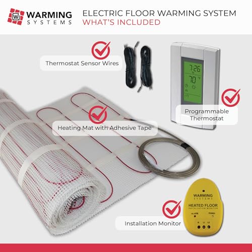 15 Sqft 120V Electric Radiant Floor Heating Mat – Includes Heating Mat, Programmable Thermostat, Thermostat Floor Sensor, Installation Monitor and Under Tile Heater - size: 15 Sq Ft (120 Volt)