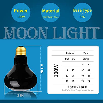 2 Pack 100W Night Heat Reptile Infrared Moonlight Bulb, Black Glass Cover Moonlight Pet Light UVA Spot Lamp for Reptile & Amphibian, Lizard, Bearded Dragon, Chameleon