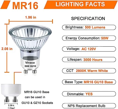 Vinaco GU10 Halogen Bulb Dimmable, GU10+c 110V 50W Candle Warmer Lamp Replacement, MR16 GU 10 50W Halogen Bulb 120V, 50 W MR16 with Glass Cover for Track&Recessed Lighting, 2800K Warm White, 6 Pack - style: 50W - 6 Pack