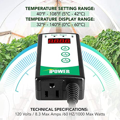 iPower Digital Thermostat Controller for Heat Mat, Seed Germination, Reptiles and Brewing Breeding Incubation Greenhouse, 40-108°F - size: 1000W-Green, style: 1 Pack