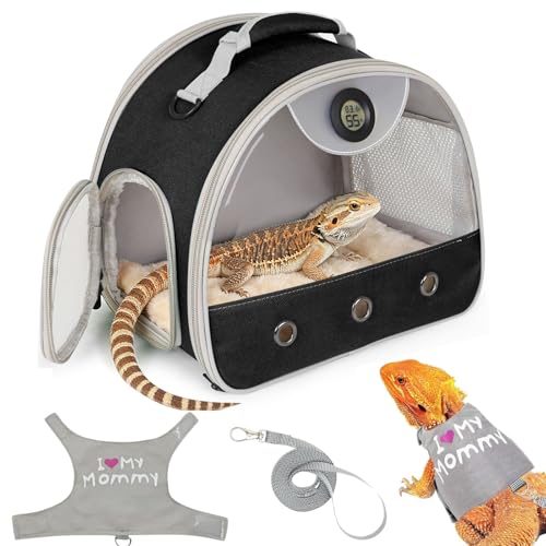 Bearded Dragon Travel Backpack Carrier with Reptile Thermometer and Humidity Gauge Lizard Travel Cage Space Capsule Clear Bubble Window Astronaut Reptile Bag for Ball Python (Black, Carrier+I LSH) - color: Black, size: Carrier+I LSH