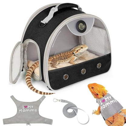 Bearded Dragon Travel Backpack Carrier with Reptile Thermometer and Humidity Gauge Lizard Travel Cage Space Capsule Clear Bubble Window Astronaut Reptile Bag for Ball Python (Black, Carrier+I LSH) - color: Black, size: Carrier+I LSH