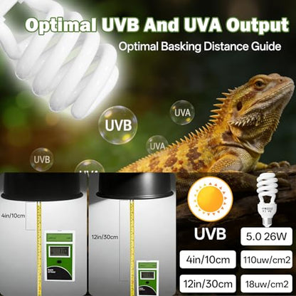 UVB Reptile Light 5.0: 26W Tropical & Subtropical UVA UVB Reptile Light Bulb, UVB Light for Reptiles Compact Fluorescent Terrarium Lamp,UVB Bulb for Chameleon Turtle Gecko Include UV Sensor Card - size: 6.5INCH-5.0