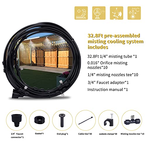 Fogland Misting System: Outdoor Cooling System 32.8FT Misting Cooling System with 10pcs 0.016" Orifice Thread Stainless Steel Mister Nozzle for Patio - size: 0.016"Orifice/32.8FT