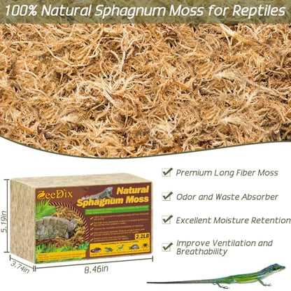ZeeDix 2.2 LB Premium Sphagnum Moss for Reptiles, 50 QT Natural Reptile Moss for Terrarium, Dried Long Fibered Sphagnum Peat Moss Bedding for Leopard Gecko Frogs Anoles Snake Ball Python Turtle - size: 2.2 LB