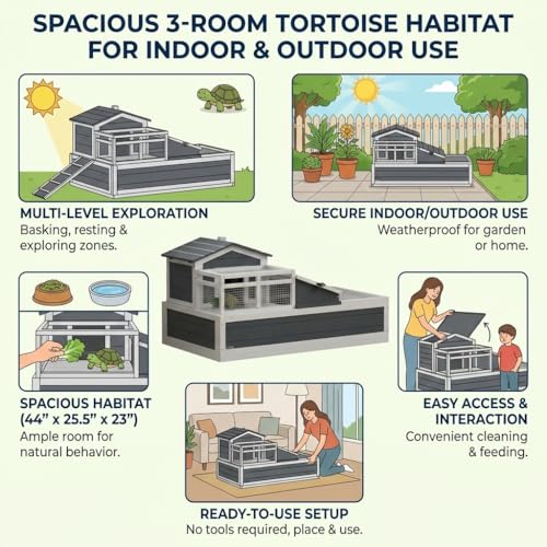 3-Room Tortoise Habitat House with Large Tortoise Habitat Balcony and 2 Stories, Reptile Enclosure for Indoor Tortoise Habitat Outdoor Use, Tortoise Enclosure Spacious Gray Turtle