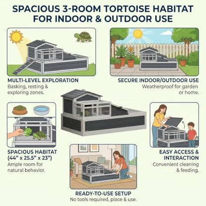 3-Room Tortoise Habitat House with Large Tortoise Habitat Balcony and 2 Stories, Reptile Enclosure for Indoor Tortoise Habitat Outdoor Use, Tortoise Enclosure Spacious Gray Turtle