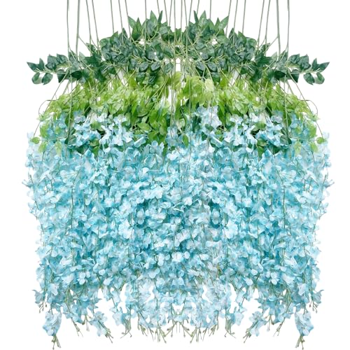 Artificial Wisteria Hanging Flowers Fake Wisteria Flower Garland Silk Vines Rattan Decor for Home Wedding Arch Wall Garden Greenery Bedroom Outdoor Office Party Decoration (12, Blue) - color: Blue