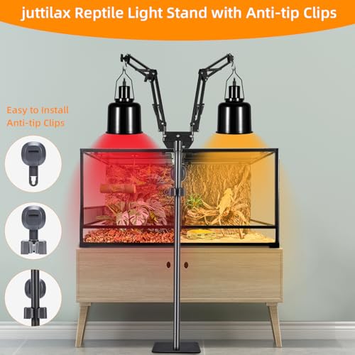 Dual Reptile Heat Lamp Stand, Adjustable Reptile Light Stand (15.7-74.3inch) with 360° Swing Arm and Anti-tip Clip, Lamp Holder for Terrarium, Amphibians Cage and Plants