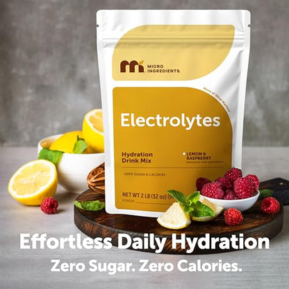 Micro Ingredients Electrolytes Powder, 2lbs (139 Servings) | Sugar Free | Lemon Raspberry Flavor | High Potassium (1,000mg) + Coconut Water & Real Lemon Juice | Keto Friendly, Non-GMO - size: 32 Ounce (Pack of 1)
