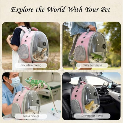 Bearded Dragon Travel Backpack Carrier with Reptile Thermometer and Humidity Gauge Lizard Travel Cage Space Capsule Clear Bubble Window Astronaut Reptile Bag for Ball Python (Pink, BE Backpack) - color: Pink, size: 11.8"L x 7.2"W x 11.8"H