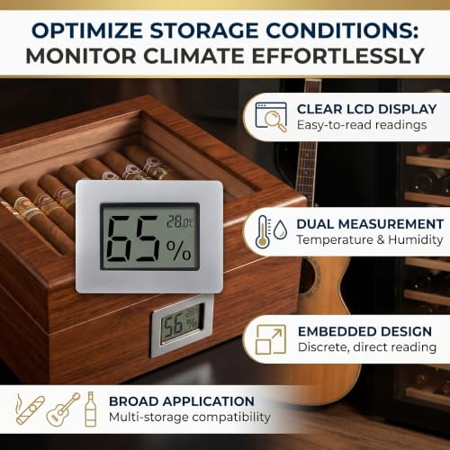 Mini Hygrometer Thermometer, Cigar Embedded Design LCD Electronic Digital Indoor Humidity Gauge Monitor for Cigar Box, Guitar Case, Jars, Wine Cabinet, Greenhouse, Cellar