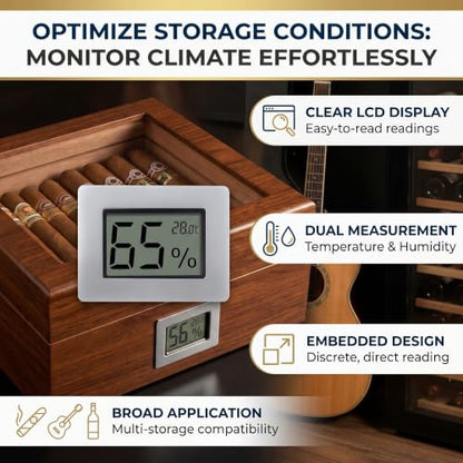 Mini Hygrometer Thermometer, Cigar Embedded Design LCD Electronic Digital Indoor Humidity Gauge Monitor for Cigar Box, Guitar Case, Jars, Wine Cabinet, Greenhouse, Cellar