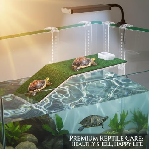 Reallnaive Adjustable Large Hanging Turtle Basking Platform Non-Slip Turtle Tank Accessories Simulation Grass Aquatic Reptile Ramp Dock for Turtles Salamanders Frogs Resting(15 x 8.1 Inch) - size: 15 x 8.1 Inch