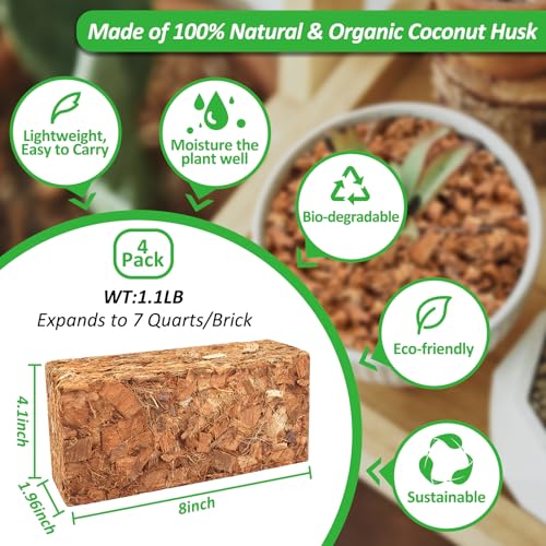Riare 4 Pack Coco Chips Substrate for Plants- 4.4lb 100% Organic Coconut Husk Brick with Low EC and pH Balanced, High Expansion Coconut Substrate Coco Husk Mulch for Garden Flowers, Herbs, Planting - color: 4 Pack