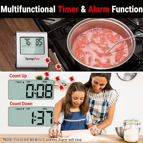 TempPro TP16 Large LCD Digital Meat Thermometer for Smoker Oven Kitchen BBQ Grill Thermometer Clock Timer with Stainless Steel Temperature Probe, Cooking Gifts for Father&Husband(Previously ThermoPro) - color: Light Silver