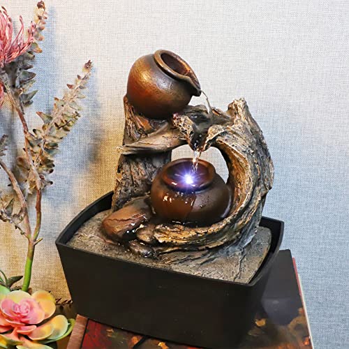 Ferrisland Tabletop Water Fountain Indoor - Tree Trunk with Jar Rustic Fountains Small Feng Shui Zen Waterfall Fountain W/LED Light & Soothing Sounds for Office Home Desktop Decor (Brown) - color: Brown