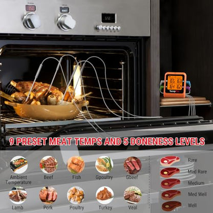 TempPro 650 ft Bluetooth Meat Thermometer with 4 Color-Coded Probes, Wireless Meat Thermometer Digital Wireless with Timer, Utensils Rechargeable for Smoker Oven, Cooking Gift for Dad Him Husband - style: 4 Probes
