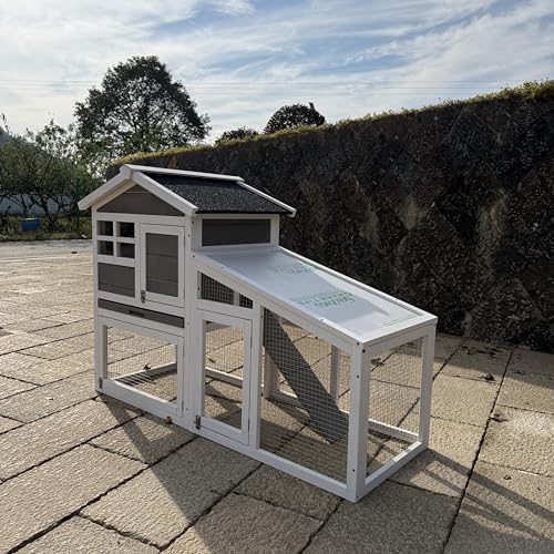 GarveeLife Rabbit Cage, Outdoor Weatherproof Bunny House Wooden, Indoor Bunny Cage with Run, Rabbit Hutch with Removable Tray, Grid Fences, Ramp 53.15" L x 23.62W 37.8" H Gray - color: Gray