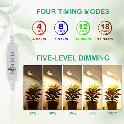 2 Pack Grow Lights, Pot Clip LED Growing Lamp for Indoor Succulents Pot Mini Small Plants,6000K White Full Spectrum with 5-Level Dimmable, Auto Timer 4/8/12/18 Hrs