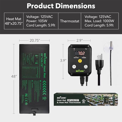 BN-LINK Seedling Heat Mat Heating Pad 48" x 20.75" with Digital Thermostat Controller Combo Set Waterproof for Indoor Seed Starting and Plant Germination - size: 48" x 20.75" & Thermostat