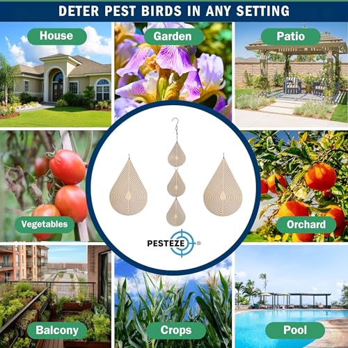 PESTEZE USA Premium Bird Deterrent Wind Spinner Set – 3-Piece Stainless Steel Reflective Water Droplet Design to Deter Birds & Prevent Nesting Around Porch, Garden & Outdoor Areas [2.6 × 15.5 in]