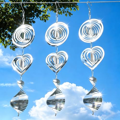 Bird Deterrents for Outside, Reflective 3D Stainless Steel Wind Spinners, Garden Decor, Bird Scare Devices to Keep Woodpeckers, Pigeons Away from Your House, Patio, Orchards - color: Silver Round+heart+whirlwind