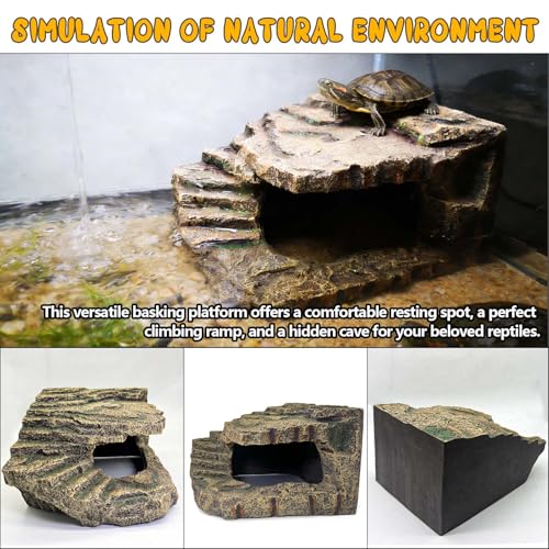 kathson Extra Large Turtles Basking Platform,Resin Reptile Hideouts Cave Habitat Decor,Tortoise Hide Cave with Climbing Ramp Step,Bearded Dragons Hide Basking Rocks Accessories for Lizard,Gecko,Frog
