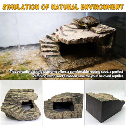 kathson Extra Large Turtles Basking Platform,Resin Reptile Hideouts Cave Habitat Decor,Tortoise Hide Cave with Climbing Ramp Step,Bearded Dragons Hide Basking Rocks Accessories for Lizard,Gecko,Frog