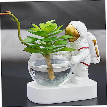 BESPORTBLE Hydroponic Glass Vase with Astronaut Resin Ornament and LED Light Multifunctional Water Plant Holder for Home Office and Bar Decor Themed Art Accent