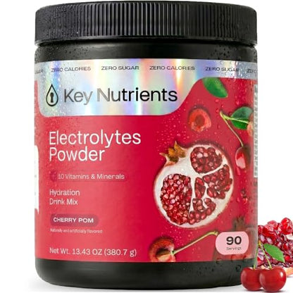KEY NUTRIENTS Multivitamin Electrolytes Powder No Sugar - Sweet Cherry Pom Electrolyte Powder - Endurance & Energy Supplement - Hydration Powder - No Calories - 90 Servings - Made in USA