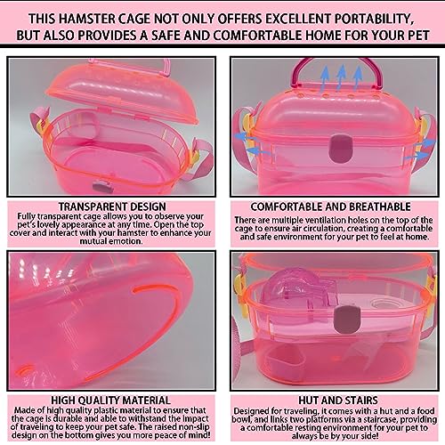 kathson Portable Hamster Cage Dwarf Hamster Carry Case Syrian Hamster Carry Travel Cage with House Food Bowl Adjustable Strap Pet Outgoing Cages Carrier for Small Hamster Young Guinea Pig Pink - color: Pink | Hamster Carriers