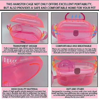 kathson Portable Hamster Cage Dwarf Hamster Carry Case Syrian Hamster Carry Travel Cage with House Food Bowl Adjustable Strap Pet Outgoing Cages Carrier for Small Hamster Young Guinea Pig Pink - color: Pink | Hamster Carriers