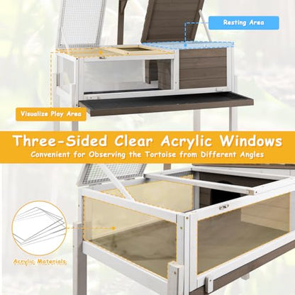 PetsCosset Tortoise Habitat with Detachable Legs, Wooden Indoor & Outdoor Turtle Enclosure, Two-Room Reptile House, Large Observation Windows, Removable Pull-Out Tray, for Tortoises - size: 37.2"L x 22.8"W x 32.3"H