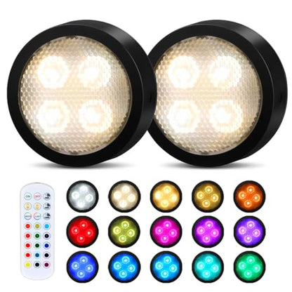 Puck Lights with Remote Timer, Under Cabinet Kitchen Lights Battery Operated LED Lights, Stick on Shelf Lights Wireless Counter Lights, RGB Color Changing Display Lights, 2 Pack Black