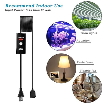 Indoor Extension Cord with Timer 2/4/12Hour Countdown, 60W 6.5 FT 2 Prong Electric Cord, Power Outlet for Aquarium, Grow Light, Hydroponics, Indoor Lighting, Home Appliances