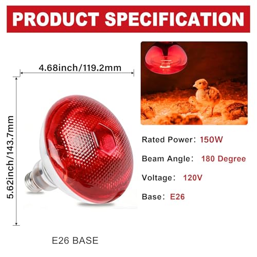 150W Chicken Heat Lamp Bulbs, Infrared Heat Lamp for Chickens, Heat Light Bulb for Brooder Coop, Food Service, Chicks, Pet, Reptile (6 Pack) - size: 6 Pack