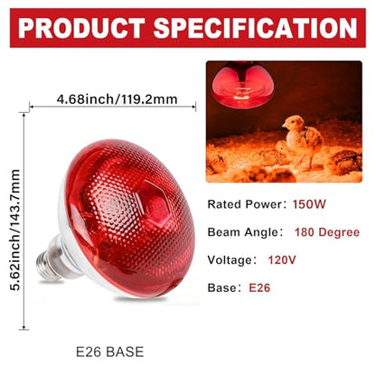 150W Chicken Heat Lamp Bulbs, Infrared Heat Lamp for Chickens, Heat Light Bulb for Brooder Coop, Food Service, Chicks, Pet, Reptile (4 Pack) - size: 4 Pack